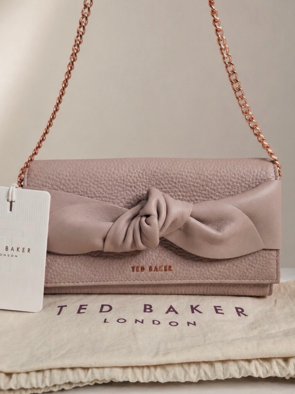 Ted Baker Blush Rose Knot-Front Leather Crossbody Bag with Rose-Gold Chain